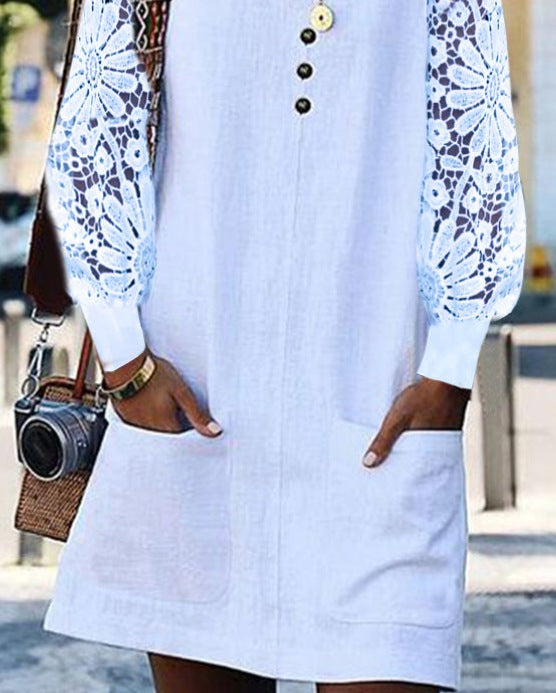 Women’s Summer Solid Color Hollow Detail Long Sleeve U-Neck Button Pocket Dress