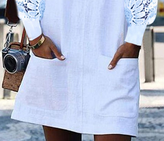 Women’s Summer Solid Color Hollow Detail Long Sleeve U-Neck Button Pocket Dress