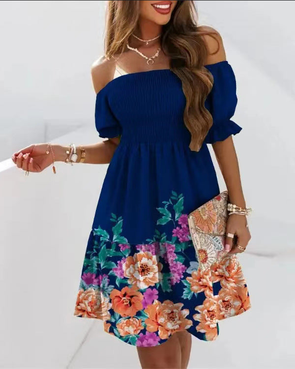 New Fashionable One-Shoulder Short-Sleeved Pleated Waist Print Dress – Fresh & Stylish