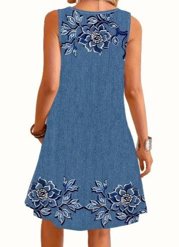 Women's Printed Round Neck Sleeveless Imitation Denim Dress