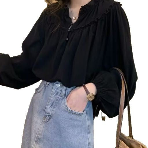 2025 French Retro Niche Puff Sleeve Top with Ruffled Long Sleeves - Elegant Vintage Charm Meets Modern Femininity