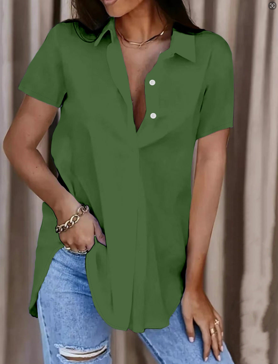Women's Summer Solid Color V-Neck Button Shirt