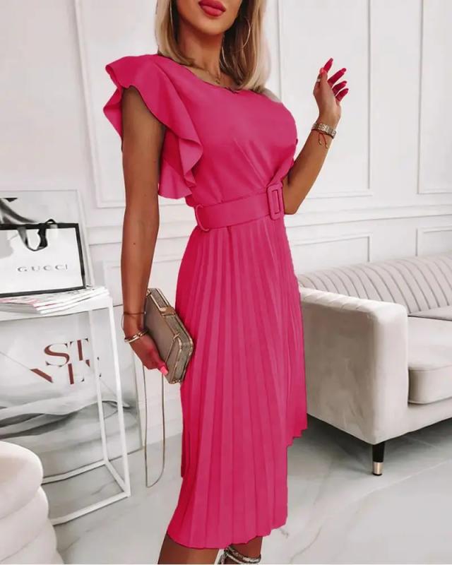 Women's Elegant Round Neck Pleated Ruffle Midi Dress with Belt – Short Sleeve Waist-Cinching Summer Dress