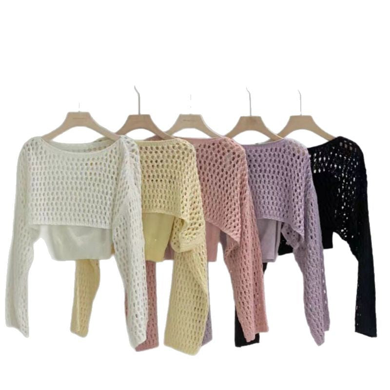 Women's Short Hollow Knit Sweater Top - Lightweight Two-Piece Style Suit for Spring & Autumn