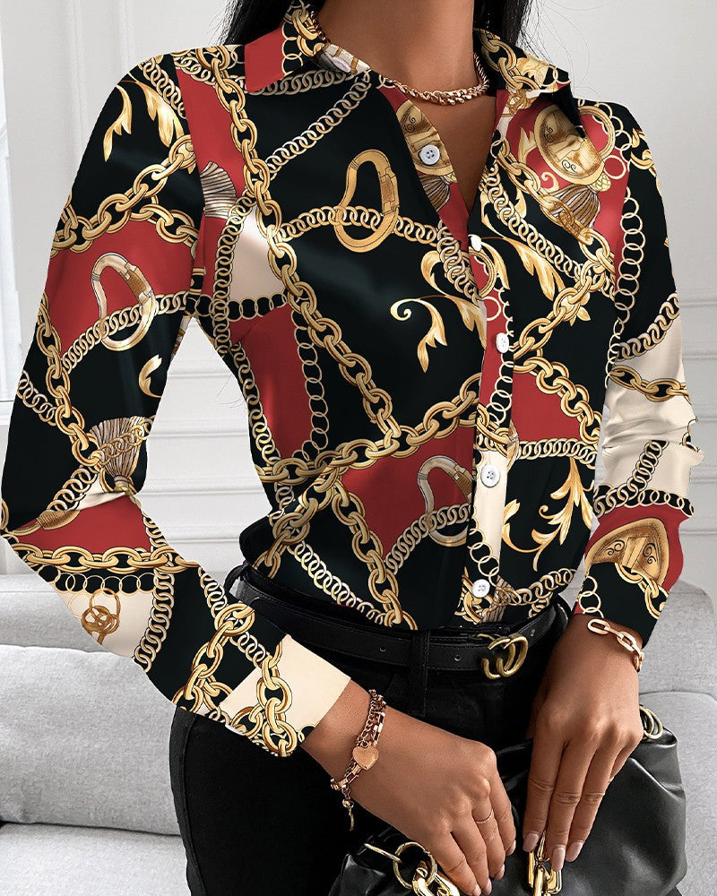 Women's Autumn Printed V-Neck Shirt - Loose Fit Long Sleeve Button-Down Blouse