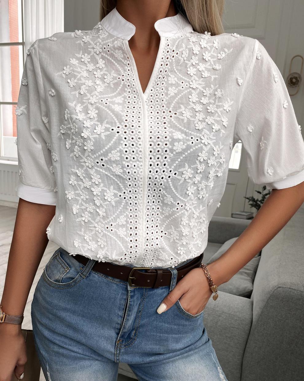 V-Neck Embroidered Lace Blouse - Elegant Stand-Up Collar Women's Shirt