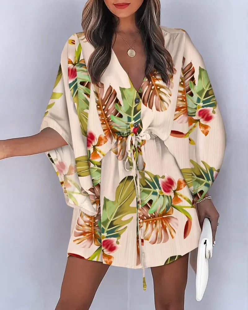 Women's Summer V-Neck Lace-Up Casual Holiday Dress – Flying Sleeve Boho Style Sundress with Pockets, Lightweight Flowy Beach Min