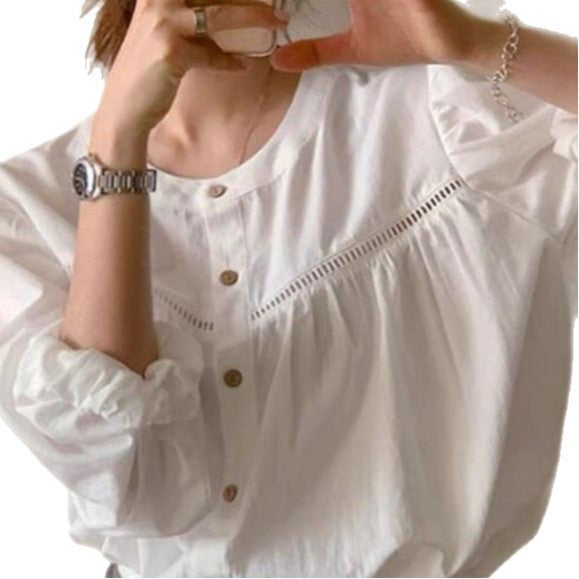 Sweet Hollow Lace Splice Shirt - Women's Solid Color Long Sleeve Top for Spring & Autumn