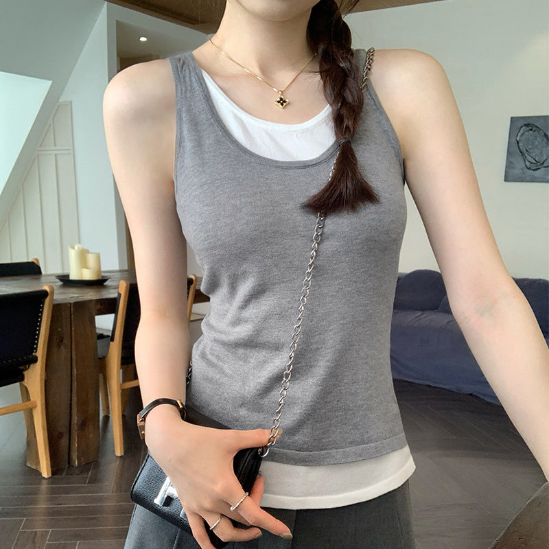 Women's Two-Piece Contrast Color Camisole Vest Set - Stylish Innerwear for Layering = RAC25ZB532WVAT