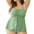 Plus Size Split Sleeveless Solid Color Swimsuit – Belly-Covering Drawstring Triangle Beachwear with Chest Pads - RAC25JP2657WPSW