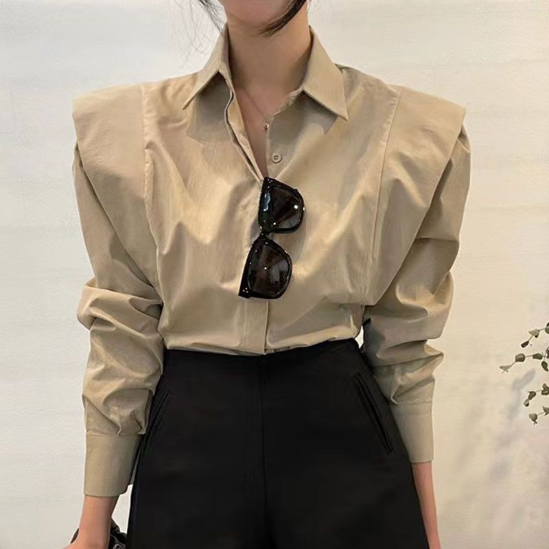 Women's Ruffle Spliced Loose Shirt - Simple Lapel with Concealed Button Design