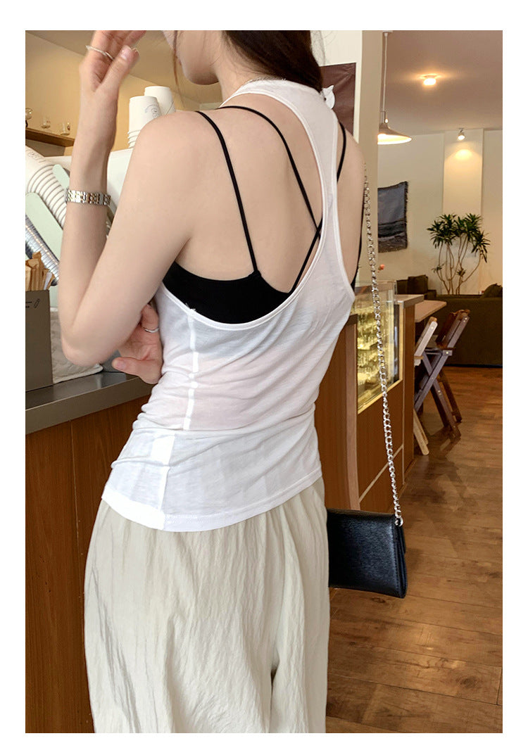 Women's Sheer U-Neck Sleeveless I-Shaped Camisole Vest - Pure Desire Aesthetic  RAC25ZB536WVAT