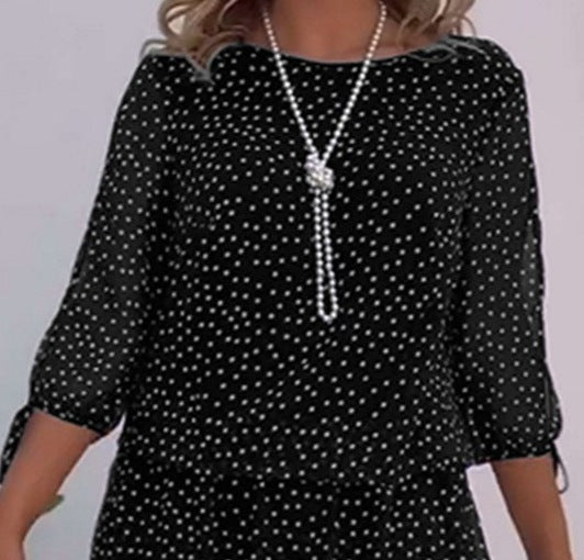Elegant Printed Round-Neck Polka Dot Tiered Dress for Women