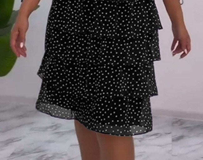 Elegant Printed Round-Neck Polka Dot Tiered Dress for Women