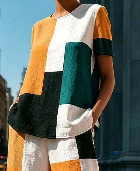 Women's Casual Fashion Graffiti Color Block Two-Piece Set