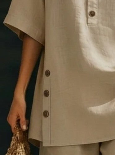 Women’s Short-Sleeved Button-Down Shirt and Loose Pants Solid Color Two-Piece Set