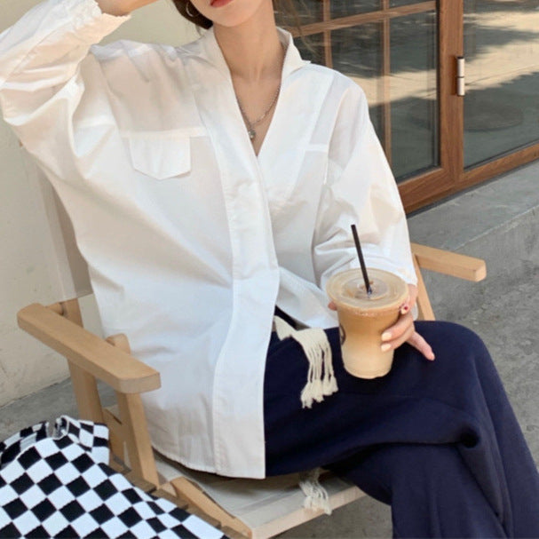 Women's White V-Neck Long-Sleeved Shirt - Loose Fit, Niche Design, Versatile Top