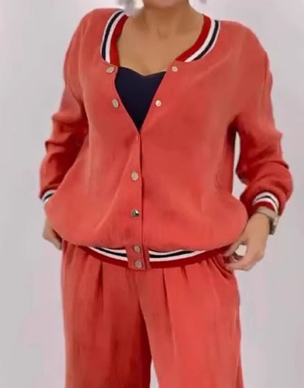 Round-Neck Patchwork Cardigan Top and Wide-Leg Pants Women's Casual Two-Piece Set