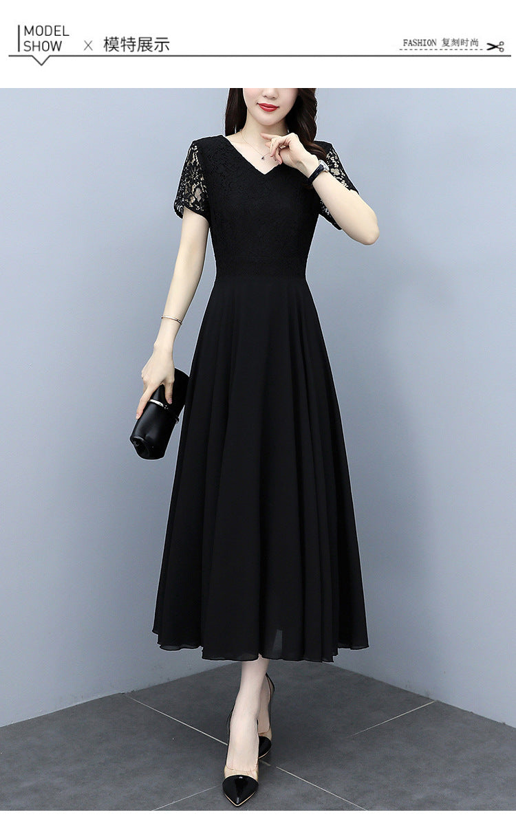 Women Crochet Lace Slim Waist Pleated Skirt Dress