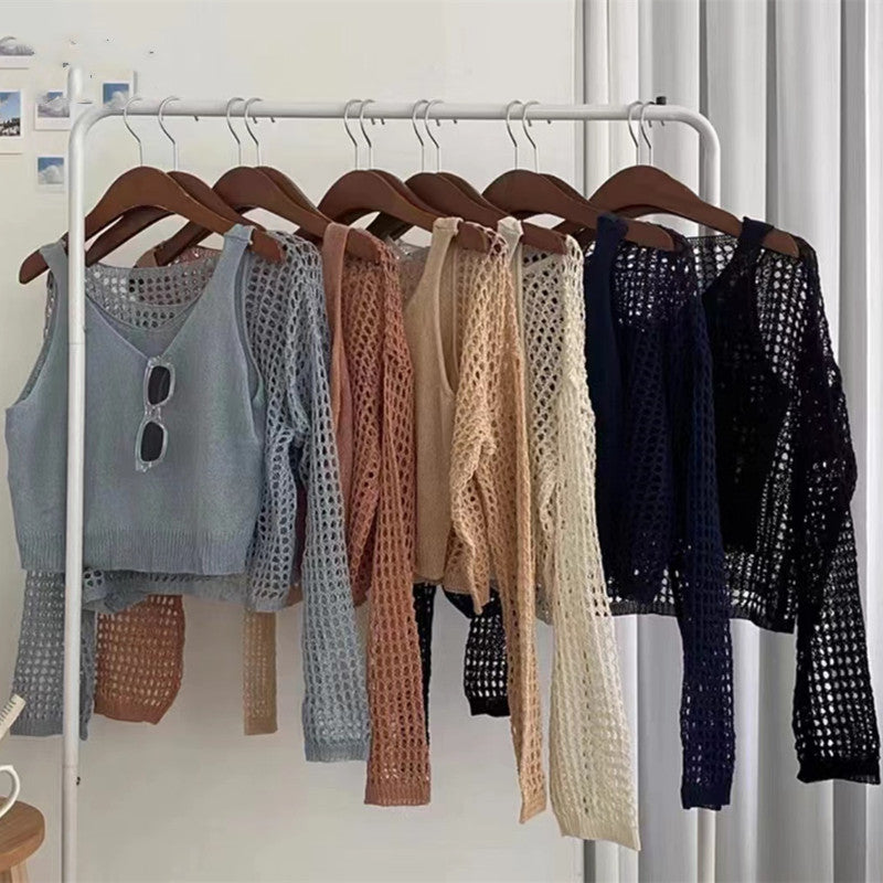 Summer 2025 Sweet & Spicy Pure Desire Style Women's Two-Piece Set - Thin Knit Sweater + Spaghetti Strap Sun-Protective Blouse