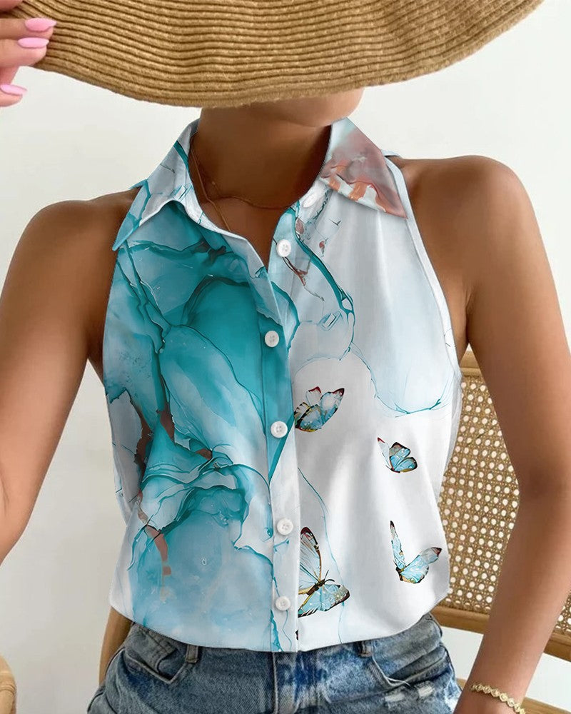 Women's Summer Casual Off-Shoulder Sleeveless Shirt - Fashion Abstract Print Top