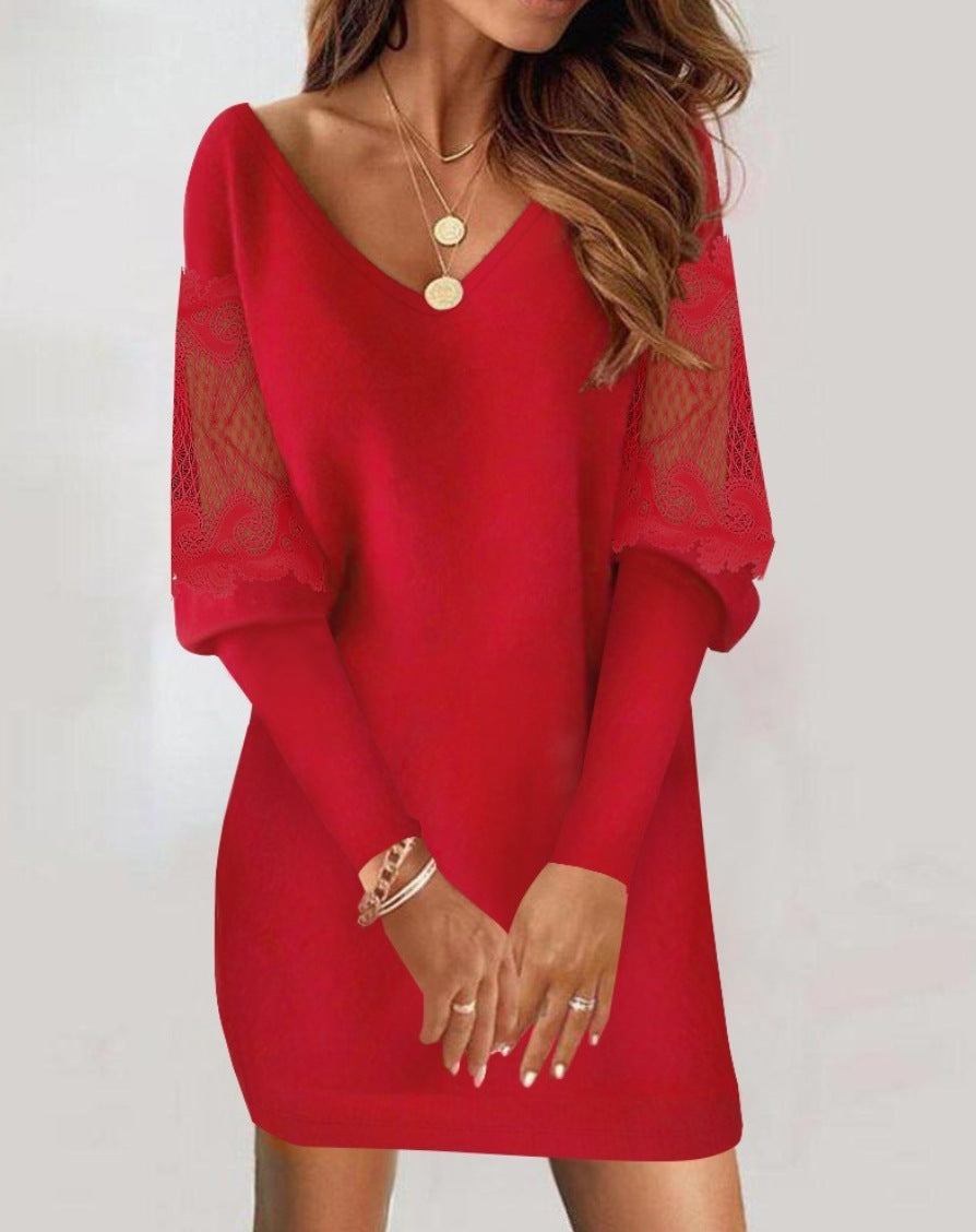 Elegant V-Neck Long-Sleeved Printed Dress with Lace Stitching – Women's Fashion