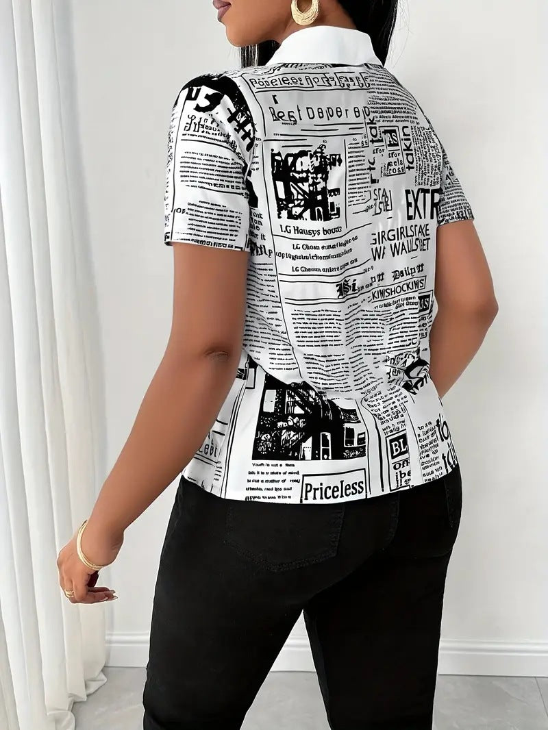 Women's Summer Fashion Newspaper Print V-Neck Shirt - Single-Breasted