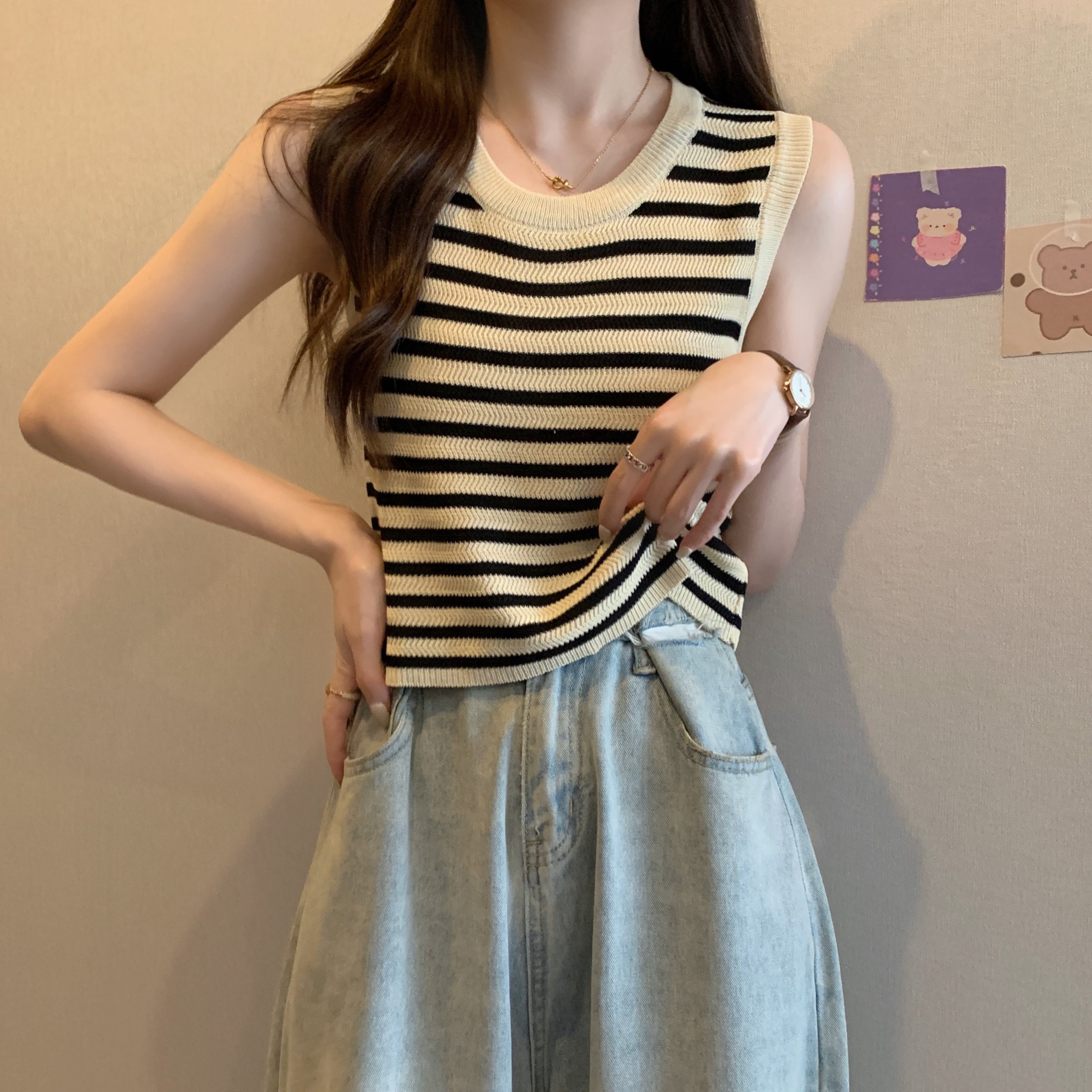 Plus-Size Striped Camisole Vest - Slimming Summer Sleeveless Knit Top (Fat MM)