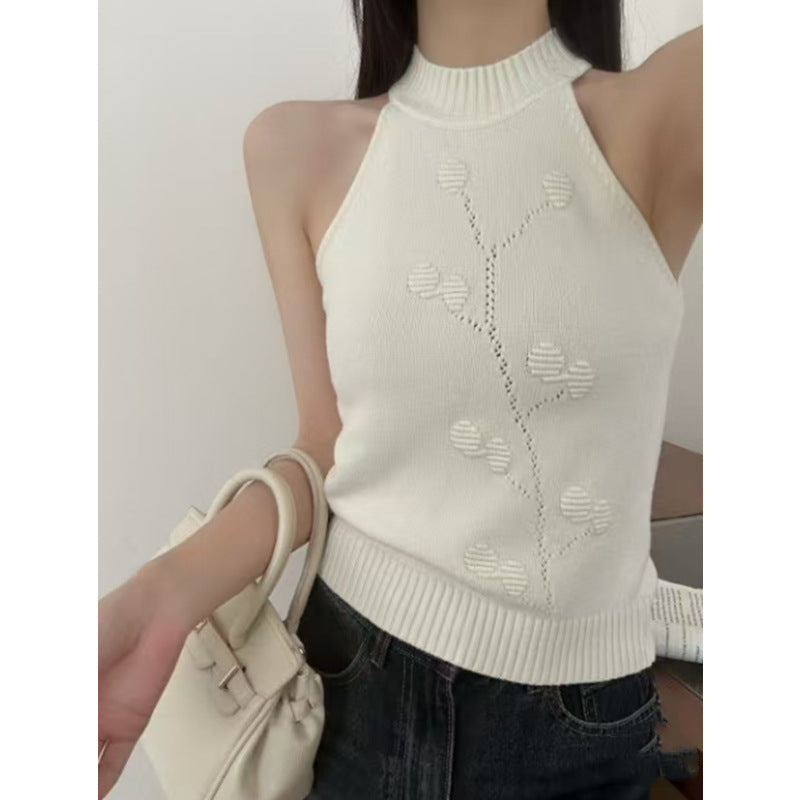 2025 Spring & Summer Women's Halter Neck Knit Vest - Slim Fit, Hot Girl Style, Simple Half High Neck Sleeveless Top