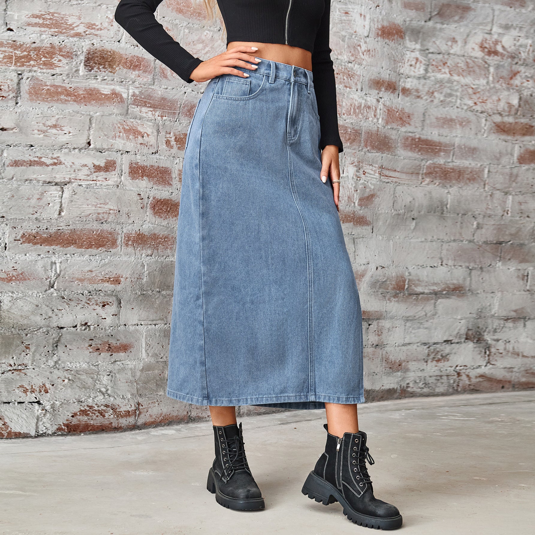 Women's Cross-Border Summer Washed Denim Skirt - Elastic Waist, Mid-Length with Side Slit
