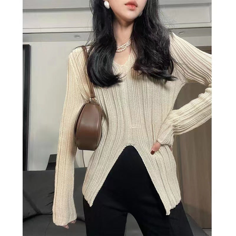 Spring & Autumn Split Long Sleeve V-Neck Hollow Knit Sweater for Women