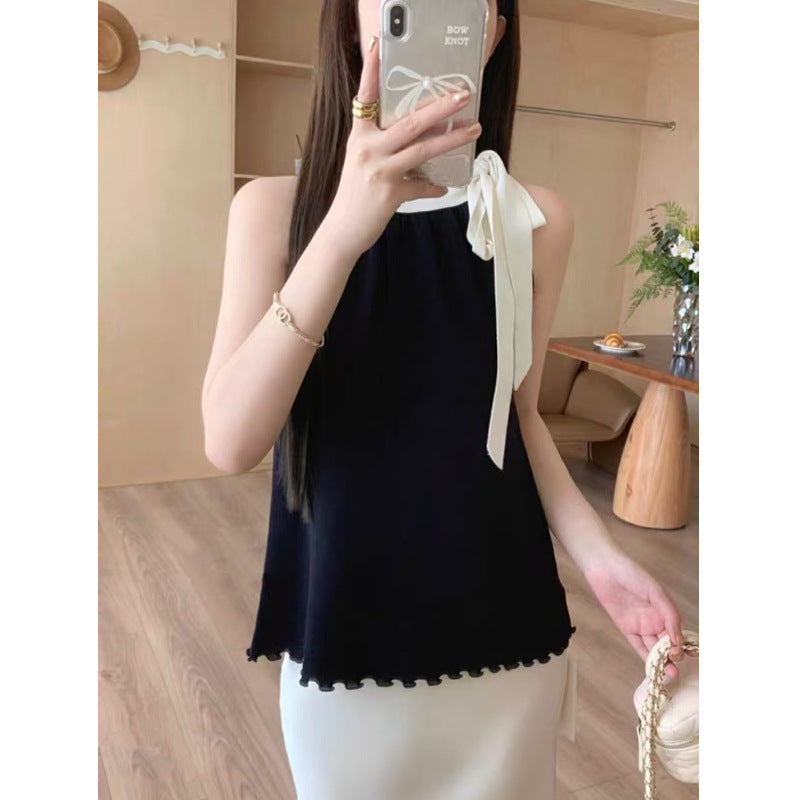 Strappy Bow Halter Neck Knitted Vest for Women - Sleeveless Summer Outerwear Top with Ruffled Edges, Niche Design