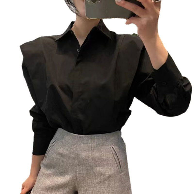 Women's Ruffle Spliced Loose Shirt - Simple Lapel with Concealed Button Design