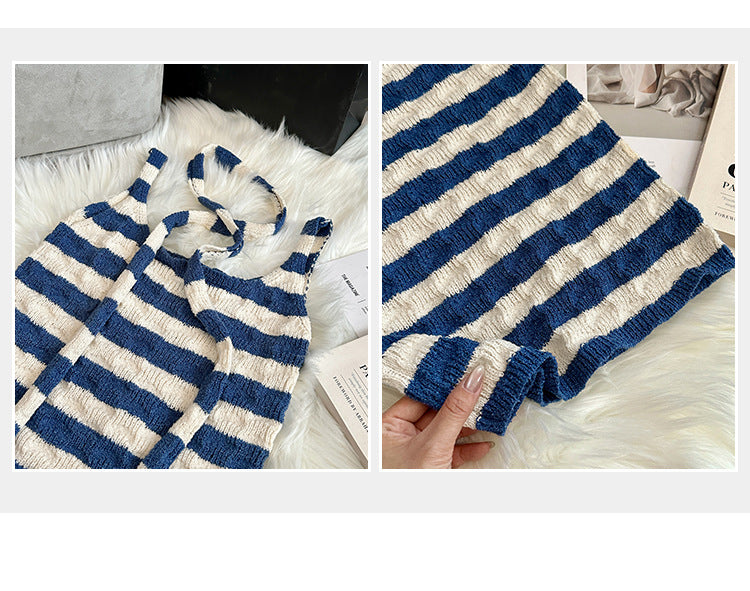 Women's Summer Striped Blue Knitted Vest - Niche Casual Sleeveless Top