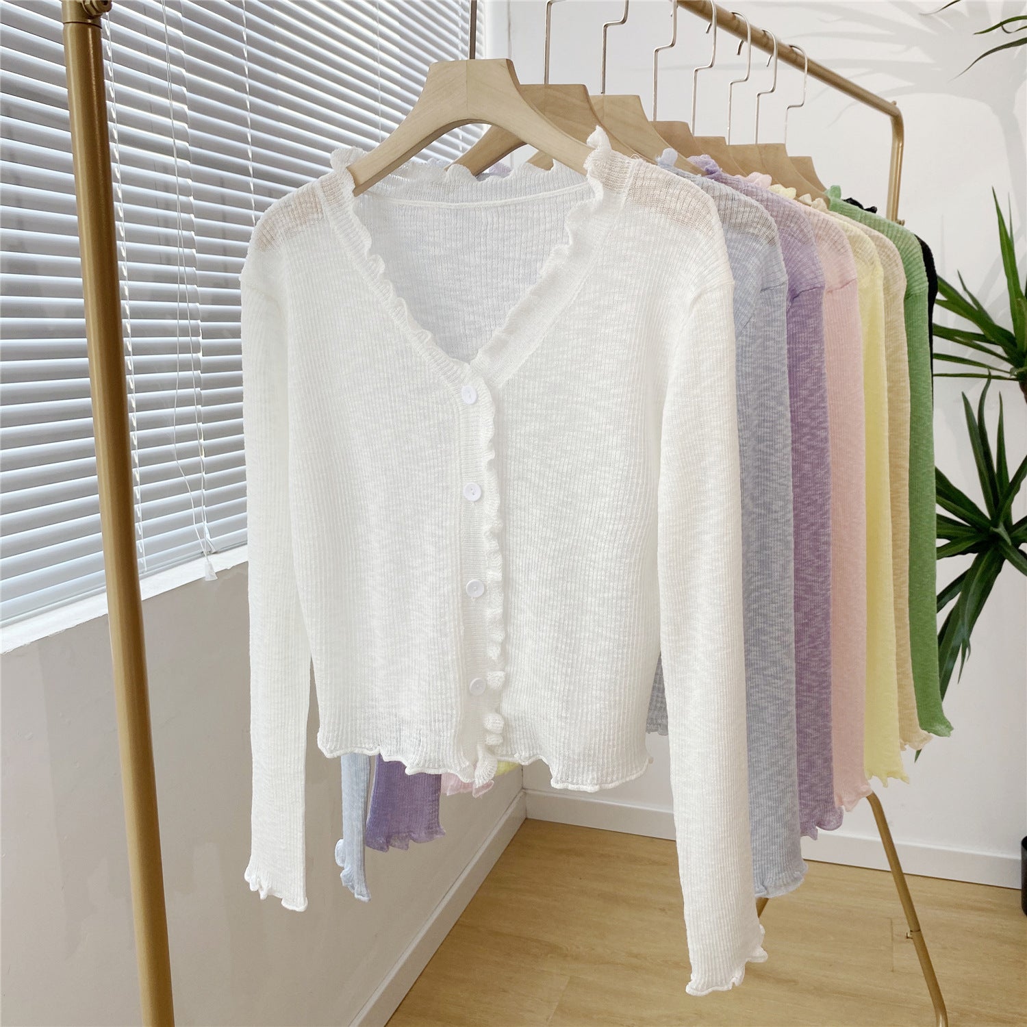 Women's Lightweight Ruffled Knitted Cardigan - Long Sleeve V-Neck Sunscreen Cover-Up