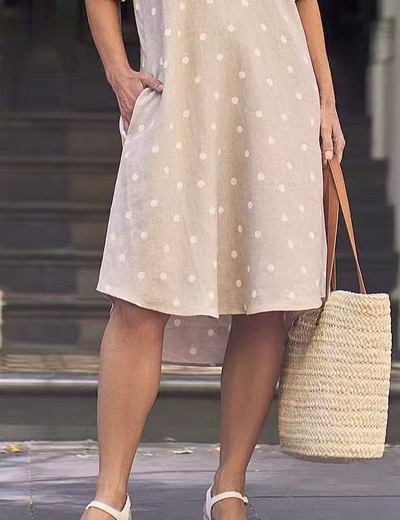 Women’s Summer New Polka Dot V Neck Short-Sleeved Casual Dress with Flap Pocket Pants Design
