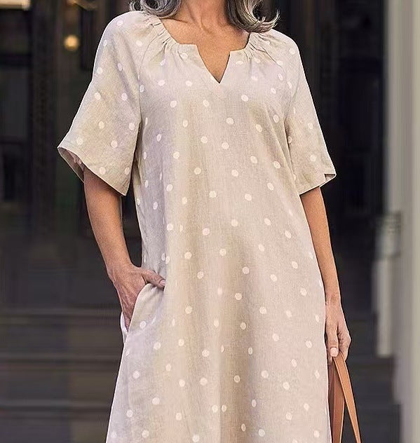Women’s Summer New Polka Dot V Neck Short-Sleeved Casual Dress with Flap Pocket Pants Design