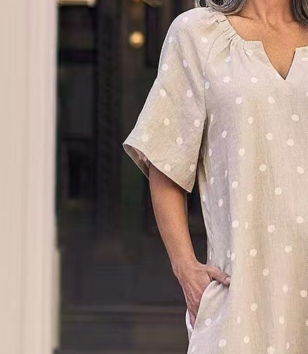 Women’s Summer New Polka Dot V Neck Short-Sleeved Casual Dress with Flap Pocket Pants Design