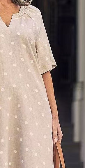 Women’s Summer New Polka Dot V Neck Short-Sleeved Casual Dress with Flap Pocket Pants Design