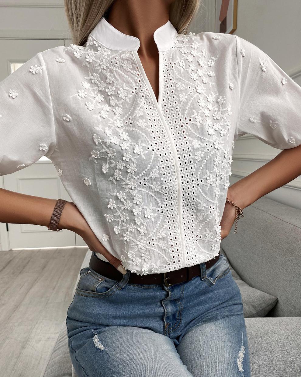 V-Neck Embroidered Lace Blouse - Elegant Stand-Up Collar Women's Shirt