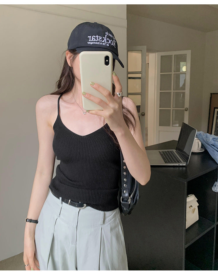Women's Slim Elastic V-Neck Knitted Camisole Vest - Spring/Summer Innerwear