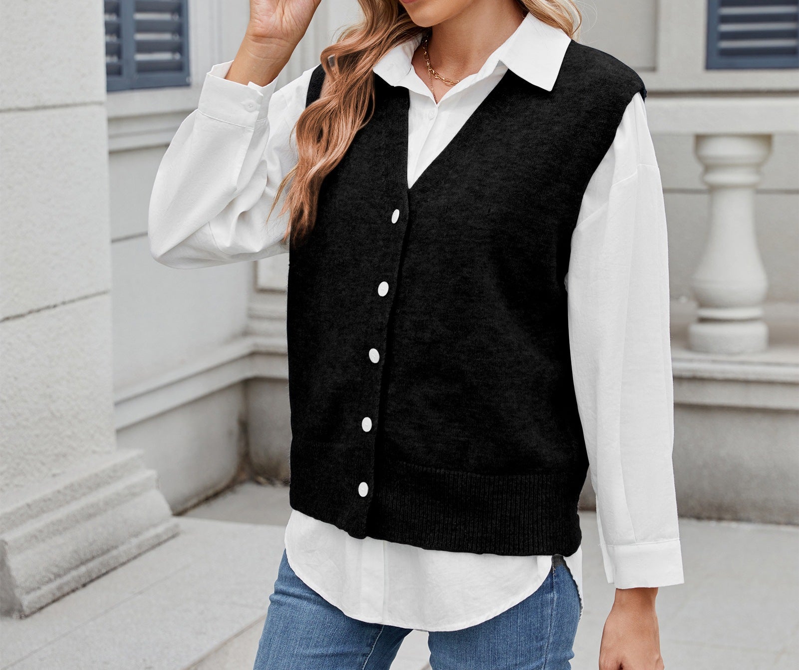 Women's Casual Knitted Sweater Vest - Trendy One-Row Button Front, Sleeveless V-Neck Knitwear