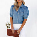 Women's Thin Denim Shirt - Princess Sleeve Casual Top with Lapel Collar | Trendy Cross-Border Fashion