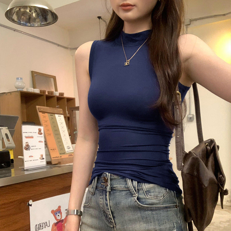 Women's Sleeveless Half-High Collar Slim Vest Top - Summer Minimalist T-Shirt Style