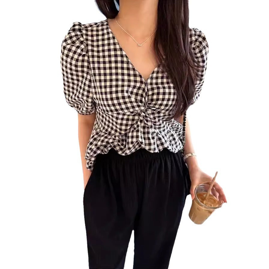 Summer V-Neck Puff Sleeve Plaid Shirt - Sweet & Simple Versatile Top for Women