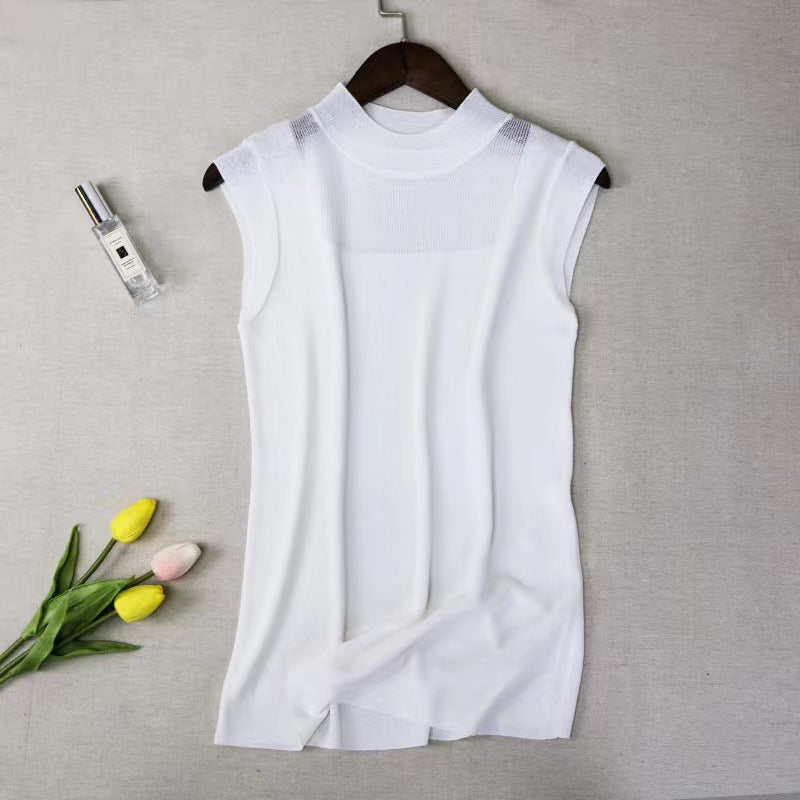 Summer Ice Silk Knit Camisole - Half-High Collar Sleeveless Top for Women