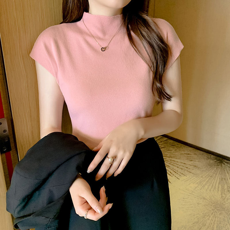 Knitted Sleeveless Half-High Collar Women's Short T-Shirt - 2025 Summer Trendy Top