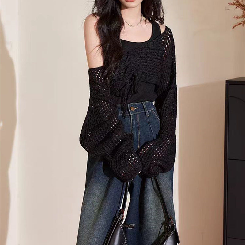 Women's Lace-Up Short Slim Pullover Knitted Sweater - 2025 Spring & Autumn Collection