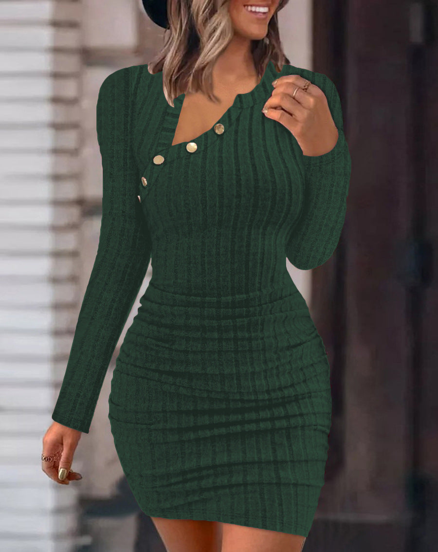 Women's Solid Color Off-Shoulder Oblique Collar Bodycon Dress – Slim Fit, Long Sleeve Evening Party Dress