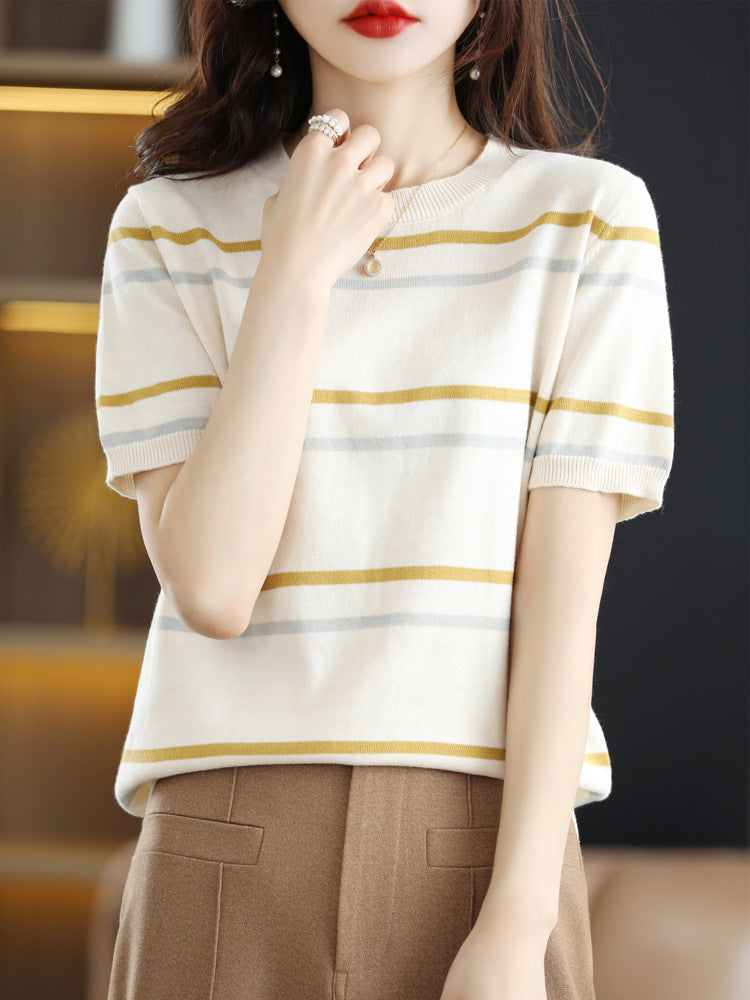 Striped Short-Sleeved Knitted T-Shirt for Women - Summer Color Block Round Neck Crop Top